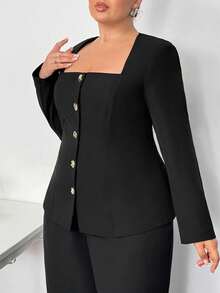 Truni Áo khoác Blazer cổ vuông tay dài cỡ lớn dành cho nữ, thắt eo, đính nút kim loại, phù hợp cho mùa thu/đông - màu đen - Xem 6