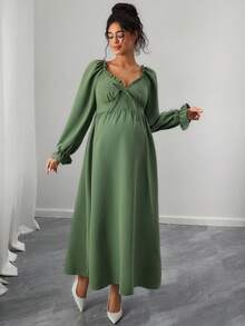 SHEIN V-Neck Long Sleeve Ruffle Trim Tie Front Maternity Dress - Apricot - View 3
