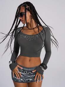 TypaGal Y2K Edgy Chic Urban Bold Modern Rebel Sparkle Wild Sexy Stylish New Year Winter Summer Gray Long Sleeve Knitted Slim-Fit Studded Decoration Crew Neck Women's Fashionable Sexy Rhinestone Embellished Fitted Cropped T-Shirt - Grey - View 2