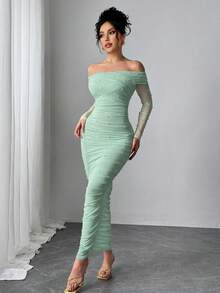 Firerie Women's Elegant Sage Green Off-Shoulder Pearl Decor Ruffle Fitted Slim Summer Party Formal Wedding Date Maxi Dress - Green - View 5