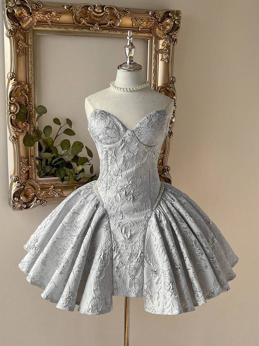 Lovelzi Váy dạ hội trang trọng ngắn dáng chữ A, cổ tròn, eo cổ điển, chất liệu vải dệt jacquard màu đỏ sang trọng và thanh lịch dành cho nữ - trắng - Xem 1