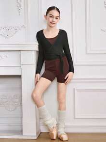 SHEIN Tween Girls Ballet Clothing, High Stretch Smooth Jacket For Ballet Competition Fall Winter - Black - View 3