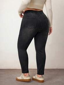 Enliva Plus Size Distressed Slim Fit Washed Denim Jeans/2026 /New Year - Black - View 2
