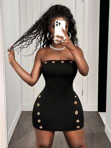 BamGleam 女士修身无肩带镂空连衣裙 - 黑色 - 查看 5