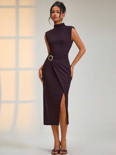 RueChic Women's Elegant Brown Midi Dress – Sleeveless High Neck With Waist Embellishment, Chic Cocktail Party Evening Outfit Elegant Midi Dress Purple Midi Dress Plum Dress Purple Elegant Dress Women