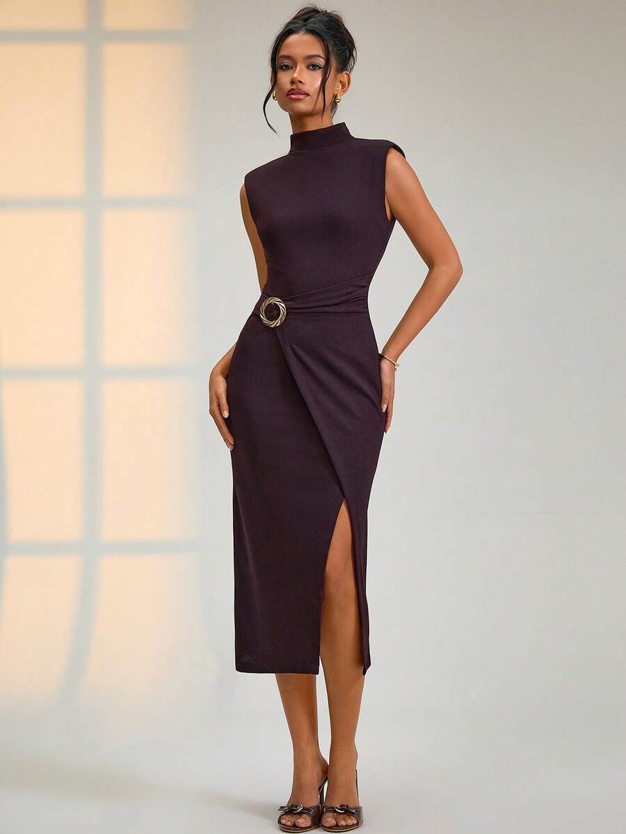 RueChic Váy midi nâu thanh lịch dành cho nữ – Cổ cao không tay có điểm nhấn ở eo, trang phục dự tiệc cocktail sang trọng - màu nâu - Xem 1