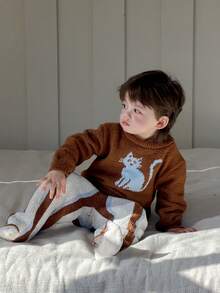 DAZY 幼儿男童卡通猫咪印花圆领上衣和条纹裤两件套睡衣套装（春季款） - 棕色 - 查看 2