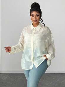 Maweii Blusa de manga larga holgada, versátil y sencilla con textura de jacquard semitransparente para mujer talla grande, para primavera/otoño - Albaricoque - Ver 2