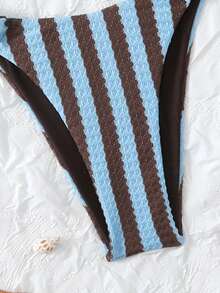 Swim Mod 2-Piece Striped Textured Fabric Beaded Halter Neck Triangle Bikini Top And Side Tie Swim Bottoms Sexy Bikini Set, Spring/Summer Striped Bikini Women Two Piece Swimsuit Vacation Bikini Set Two Piece Bikini Set Bikini Beach Set Vacation Holiday Halter Bikini Swimsuit Knitted Bathing Suit Bikini Top Triangle Modest Bikini Set Stripe Bikini - Multicolor - View 7