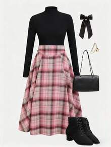 SHEIN Teenager Mädchen Set aus Rollkragenpullover mit Langarm und plissiertem karierten Minirock