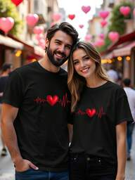 Manfinity Homme Camiseta masculina casual de manga curta com estampa de coração e gola redonda.