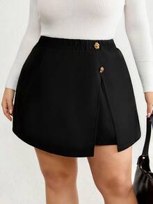 SHEIN CURVE+ 大码女式金属花朵装饰侧开衩时尚短裙，黑色裙子，冬季女式短裙，黑色迷你裙，黑色短裙/2026/新年 - 黑色 - 查看 8