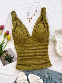 Soleia Women's Vacation Knit White Textured V-Neck Twist Strap Ruched Waist Fitted Stylish Slim Tank Top, Suitable For Party, Date, Valentine's Day Mustard Top Summer Top Cleavage Top - Olive Green - View 7