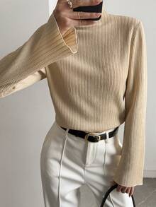DAZY Women's Casual Solid Color Turtleneck Long Sleeve T-Shirt - Apricot - View 6
