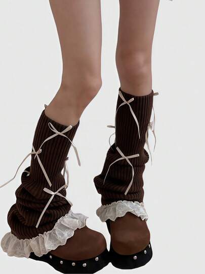 Kawaii 1 Paar Y2K Retro Schleifendesign mit Spitzenbesatz Kniestrümpfe, modische minimalistische süße Lolita-Stil Beinwärmer für Frauen, geeignet für den täglichen Gebrauch, Schule, Dates, Einkaufen und andere Anlässe