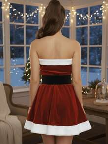 Vestido Corto Disfraz de Santa Claus Aterciopelado Strapless de Hombros Descubiertos con Detalle de Peluche para Mujer - Rojo - Ver 3