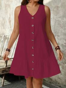 SHEIN PETITE Plus Size Sleeveless V-Neck Textured Fabric Dress - Burgundy - View 7
