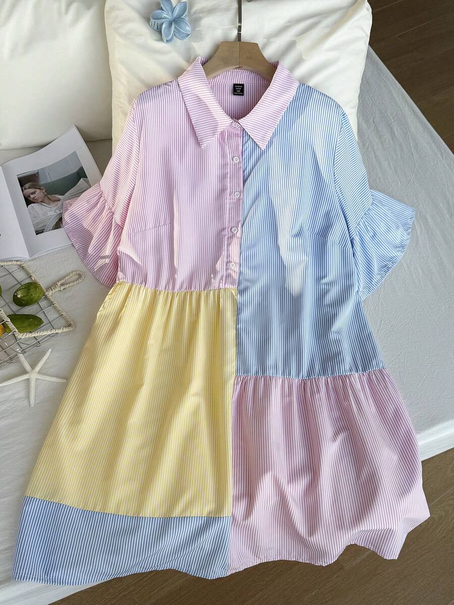 Comfortcana Đầm suông rộng rãi tay bồng phối nút bèo nhún màu sắc cỡ lớn - Nhiều màu - Xem 1