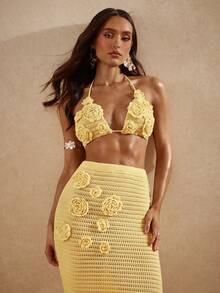 Silquee Áo tắm bikini cổ yếm đan móc chắp vá dành cho nữ - Màu vàng - Xem 4