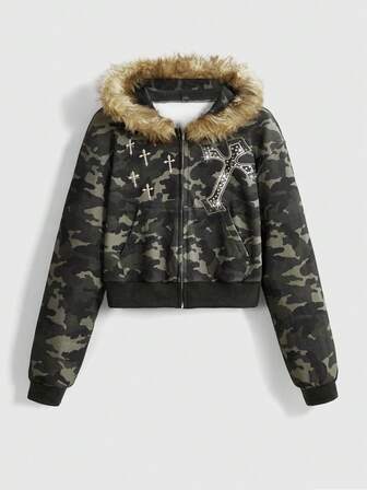 J-Fashion Sudadera con capucha con ribete de pelo y estampado de camuflaje Y2K para mujer