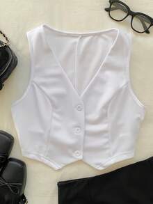 SHEIN EZwear Women's Single Breasted V-Neck Solid Color Suit Vest In Fall/Winter - White - View 3