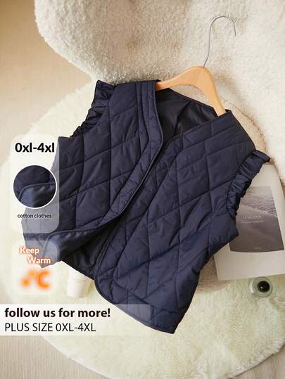 CosyJoli 大码休闲菱形图案短款盖袖马甲棉服外套