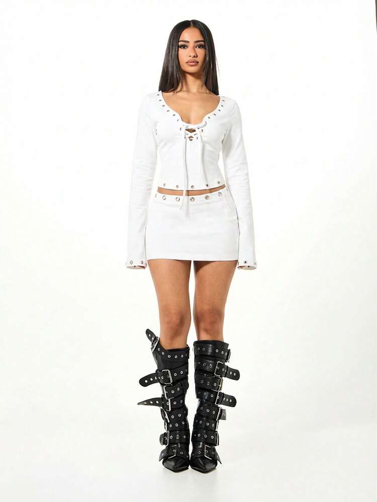 SUMWON WOMEN Long Sleeve Lace Up Crop Top With Eyelets