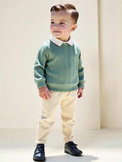 SHEIN 2 piezas Conjunto informal de niño pequeño estilo caballero elegante: Suéter de punto jacquard verde, combinado con pantalones casuales de cintura elástica, adecuado para fiesta de cumpleaños, ir y venir, escuela, temporada de regreso a clases, uso casual, primavera/otoño, otoño/invierno