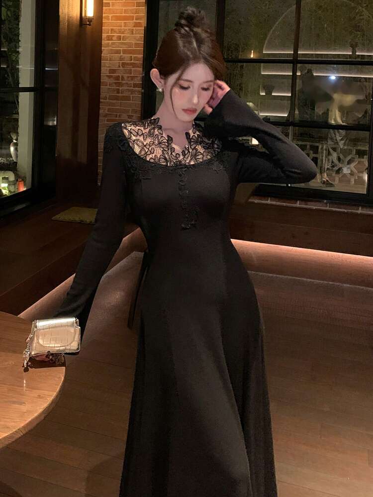 Women's Lace Patchwork Korean Style Long Sleeve Elegant Mid-Length Dress