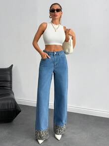 EURMUSE Fashionable Commuter Leopard Print Patchwork High Waist Wide Leg Jeans - Blue - View 4