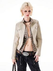 Bloopia 女士格子束腰金属钩开衫 - 棕色 - 查看 5