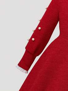 Elladie kids 女童花卉刺绣串珠荷叶边连衣裙，舒适柔软面料，适合外出、上学、度假、初秋穿着。 - 紅色 - 查看 7