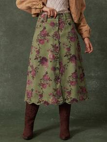 WESTFADE High Waist Scalloped Button Front Cotton Blend Denim A Line Midi Skirt Cute Fall , Casual, Autumn, Winter, Boho, Western Wear For Women, Country Concert - Multicolor - View 2