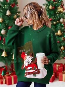 Jersey holgado de cuello redondo de manga larga tejido con decoración de árbol de Navidad 3D jacquard, beige, mujer, otoño/invierno - Verde - Ver 4
