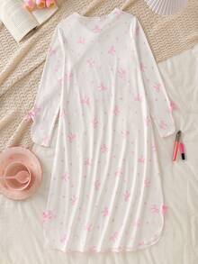 Tween Girls Pajamas-Nightgown Bow Print Pink Long Sleeve V Neck Knee Length Nightdress Ruffled Hem Elastic Cuffs Comfortable Lightweight Four Season Holiday 2026 Must Have Gift Lounge Princess Style Easy Care Machine Washable Adjustable Fit - White - View 7