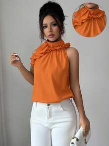 EMERY ROSE Blusa sin mangas con volantes para mujer, intelectual y elegante - Naranja - Ver 5