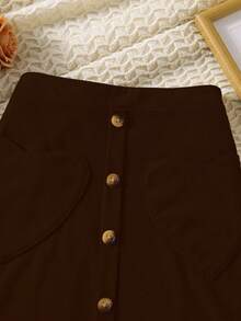 Sparklyn 女童休闲灯芯绒心形口袋中长修身半身裙，春秋季 - 咖啡棕 - 查看 3