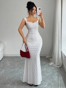 SHEIN Elenzya 优雅复古波点露背拼接蝴蝶结鱼尾连衣裙，适合约会、派对等场合，尽显优雅迷人气质，春夏必备。 - 黑與白 - 查看 5