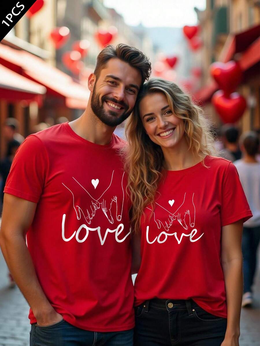 Manfinity Homme 男士情人节爱心印花圆领短袖T恤，情人节礼物，休闲简约情人节T恤