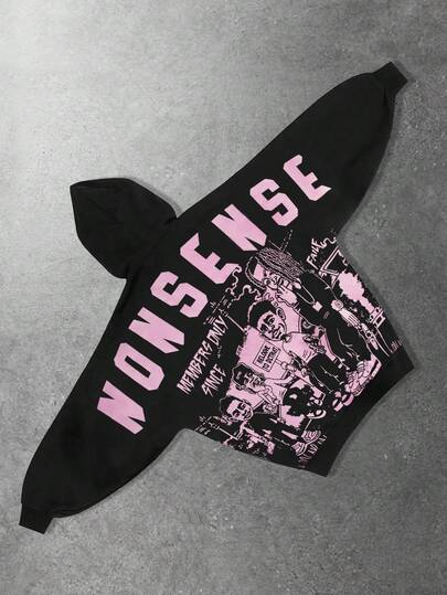 Street Life Herren lässiger Hoodie mit Portrait- und Buchstabenmuster, weite Passform, Herbst