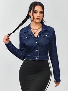 Flexra 女士纯色前扣口袋长袖牛仔夹克外套 - 深色水洗藍 - 查看 6