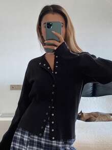 DAZY Women's Solid Color Fitted Long Sleeve Round Neck Elegant Casual Knit Cardigan, Spring/Autumn - Black - View 4