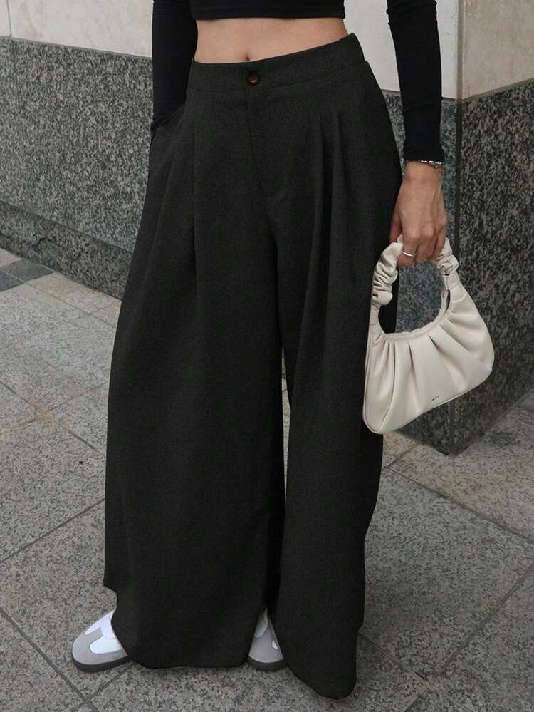 Women's Loose Fit Wide Leg Pants With Pockets And Elastic Waist, Solid Color