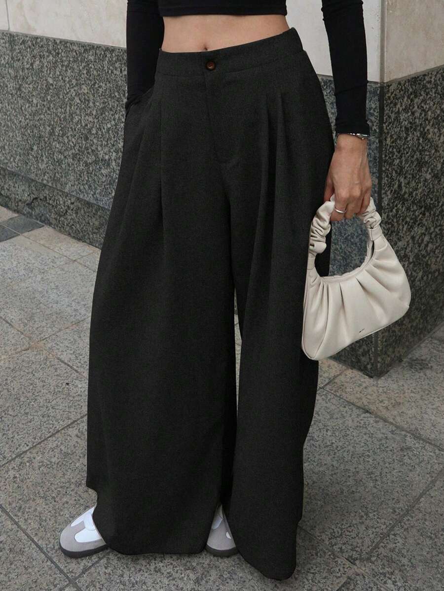 DAZY Women's Loose Fit Wide Leg Pants With Pockets And Elastic Waist, Solid Color - Black - View 1