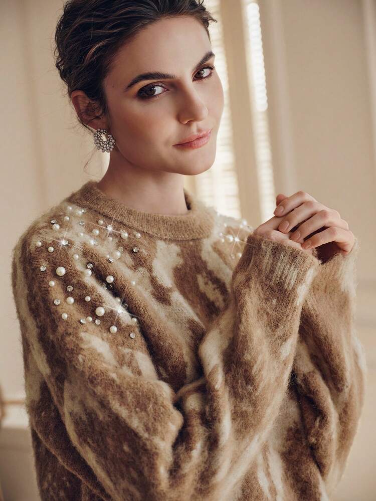 Women's Vintage Leopard Print Fuzzy Crew Neck Long Sleeve Beaded Sparkly New Year's Eve Party Sweater Top, Elegant Knit Blouse For Autumn/Winter