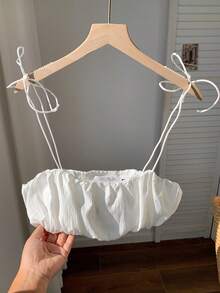 Comfortcana Women Solid Color Pleated Strap Casual Daily Wear Spring Summer Tank Top - White - View 6