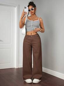 SHEIN PETITE 女士纯色休闲牛仔裤 - 咖啡棕 - 查看 3