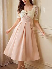 Vintamour 复古优雅女士连衣裙，花卉提花纹理蝴蝶结，假日派对长款夏季连衣裙，女士夏季服装，夏季度假装，春季服装，女士春假装，春季服装，情人节连衣裙，情人节女士装扮，情人节优雅连衣裙，派对连衣裙，女士优雅派对连衣裙，婚礼宾客连衣裙，女士生日连衣裙，女士生日装扮 - 淺粉色 - 查看 3