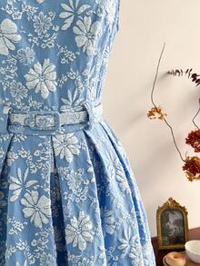 Vintamour 复古经典优雅女士连衣裙，修身提花连衣裙，船领无袖连衣裙，系带连衣裙，蓝色连衣裙，秋冬款 - 藍色 - 查看 5