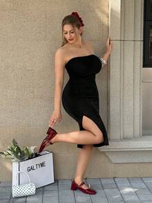 GalTyme Talla grande Vestido ajustado tubo de muslo con abertura - Negro - Ver 4